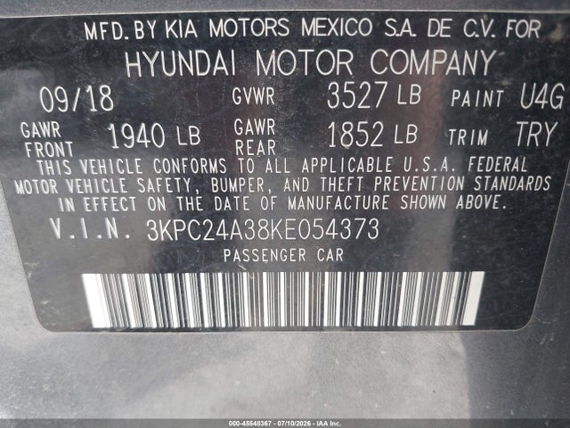 Auction sale of the 2019 Hyundai Accent Se, vin: 3KPC24A38KE054373, lot number: 45548367