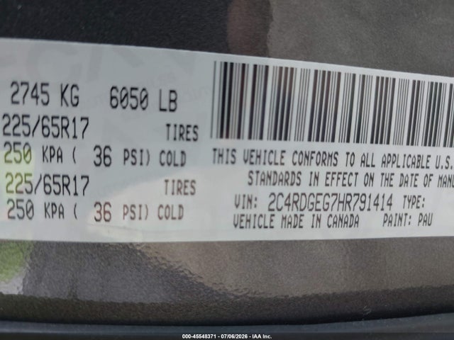 45548371 :رقم المزاد ، 2C4RDGEG7HR791414 vin ، 2017 Dodge Grand Caravan Gt مزاد بيع