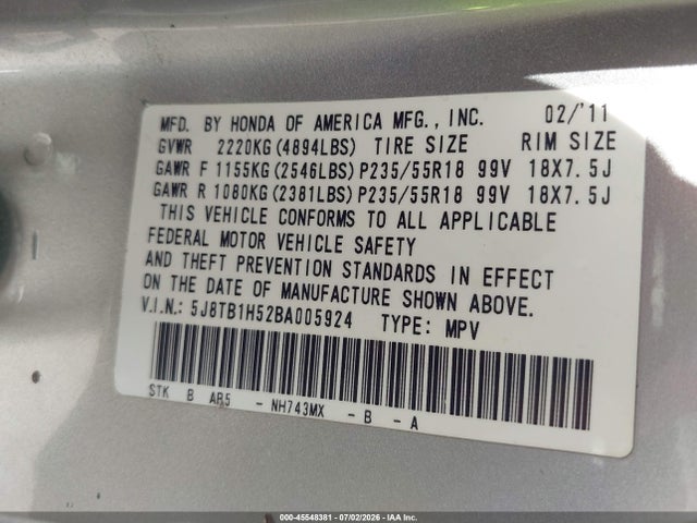 45548381 :رقم المزاد ، 5J8TB1H52BA005924 vin ، 2011 Acura Rdx مزاد بيع