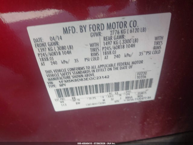 45548410 :رقم المزاد ، 1FM5K8D83EGC23142 vin ، 2014 Ford Explorer Xlt مزاد بيع