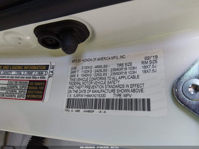 Aukcja sprzedaży 2019 Honda Cr-v Ex-l, vin: 5J6RW1H84KA016330, numer aukcji: 45548436