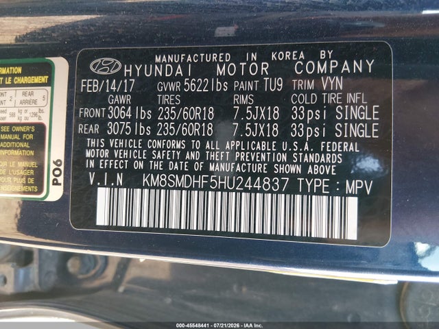 Hyundai Santa Fe Se 2017 KM8SMDHF5HU244837 Image 9