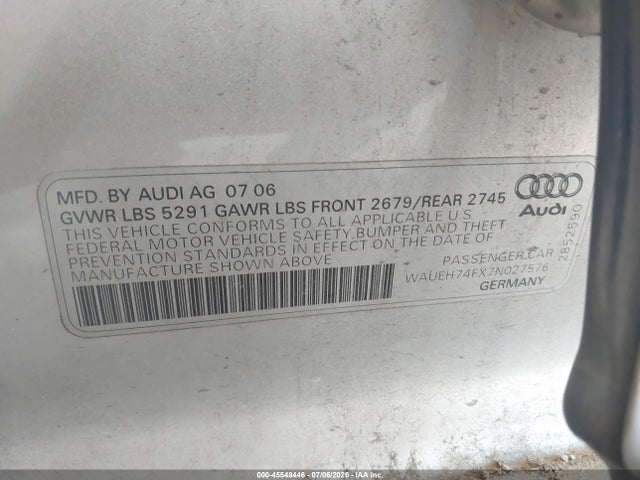 Aukcja sprzedaży 2007 Audi A6 3.2, vin: WAUEH74FX7N027576, numer aukcji: 45548446