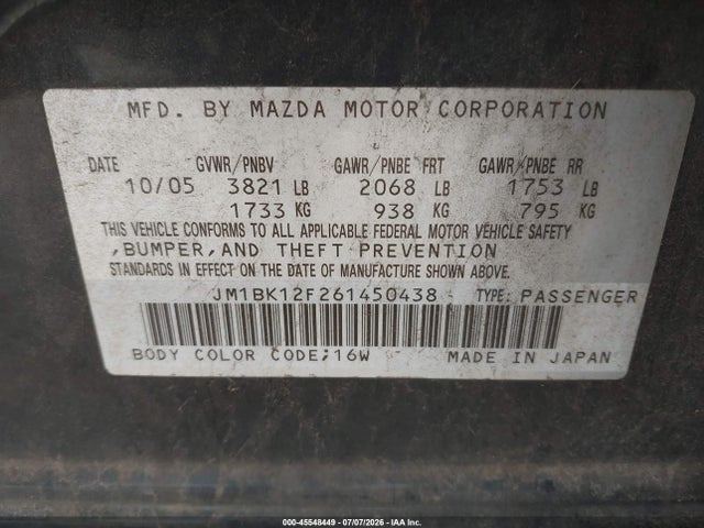 Aukcja sprzedaży 2006 Mazda Mazda3 I Touring, vin: JM1BK12F261450438, numer aukcji: 45548449