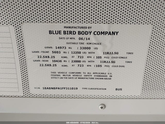Blue Bird School Bus / Transit Bus 2015 1BABNBPA1FF311019 Image 9