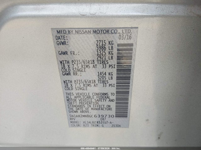 45548461 :رقم المزاد ، 5N1AR2MN8GC639730 vin ، 2016 Nissan Pathfinder S/sv/sl/platinum مزاد بيع