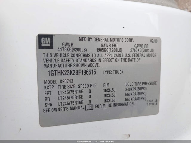 Продажа на аукционе авто 2008 Gmc Sierra 2500hd Work Truck, vin: 1GTHK23K38F196515, номер лота: 45548463