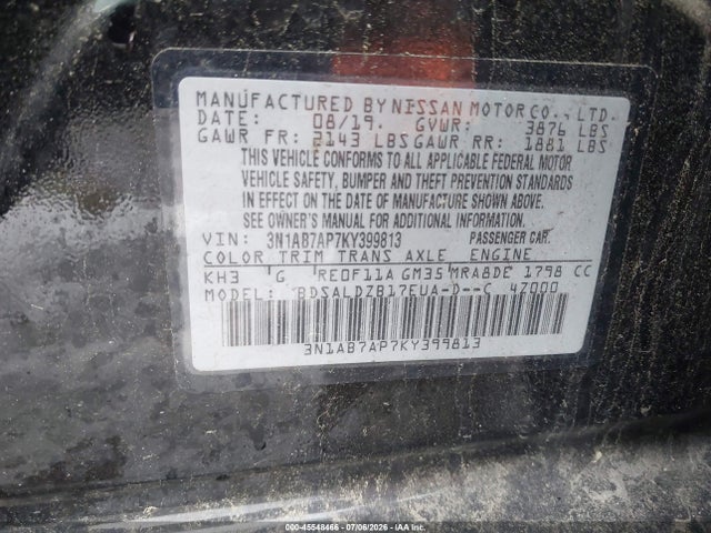 Продажа на аукционе авто 2019 Nissan Sentra Sv, vin: 3N1AB7AP7KY399813, номер лота: 45548466
