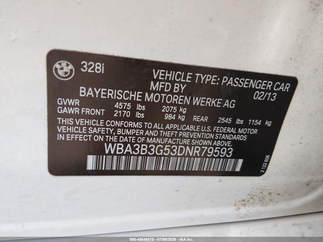 2013 Bmw 328i Xdrive მანქანა იყიდება აუქციონზე, vin: WBA3B3G53DNR79593, აუქციონის ნომერი: 45548470