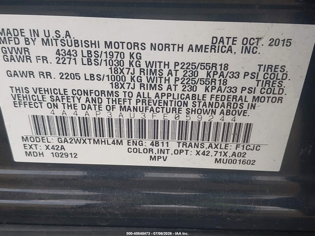 Aukcja sprzedaży 2015 Mitsubishi Outlander Sport Es, vin: 4A4AP3AU3FE059244, numer aukcji: 45548473