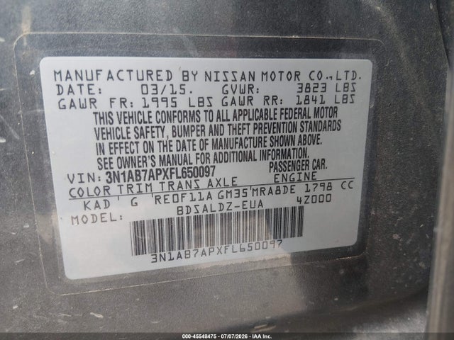 Продаж на аукціоні авто 2015 Nissan Sentra Fe+ S/s/sl/sr/sv, vin: 3N1AB7APXFL650097, номер лоту: 45548475