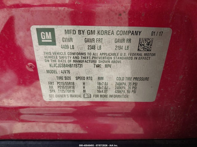 2017 Buick Encore Essence მანქანა იყიდება აუქციონზე, vin: KL4CJGSB4HB115731, აუქციონის ნომერი: 45548493