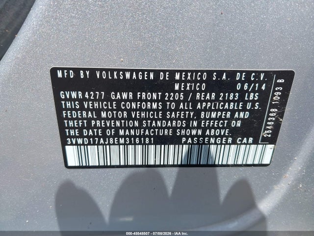 45548507 :رقم المزاد ، 3VWD17AJ8EM316181 vin ، 2014 Volkswagen Jetta 1.8t Se مزاد بيع