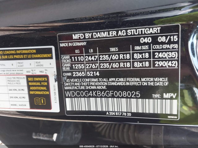 2016 Mercedes-benz Glc 300 4matic მანქანა იყიდება აუქციონზე, vin: WDC0G4KB6GF008025, აუქციონის ნომერი: 45548529