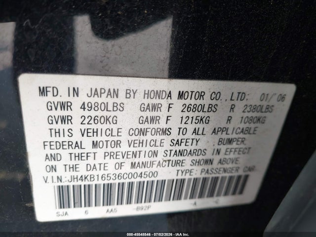 Aukcja sprzedaży 2006 Acura Rl 3.5, vin: JH4KB16536C004500, numer aukcji: 45548546