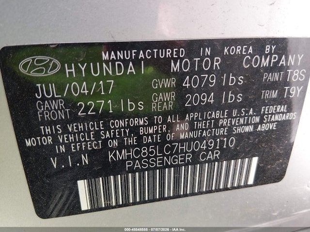 2017 Hyundai Ioniq Hybrid Limited მანქანა იყიდება აუქციონზე, vin: KMHC85LC7HU049110, აუქციონის ნომერი: 45548555