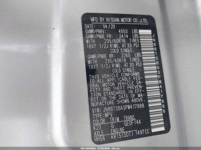 45548554 :رقم المزاد ، JN8BT3BA3PW417888 vin ، 2023 Nissan Rogue Sv Fwd مزاد بيع