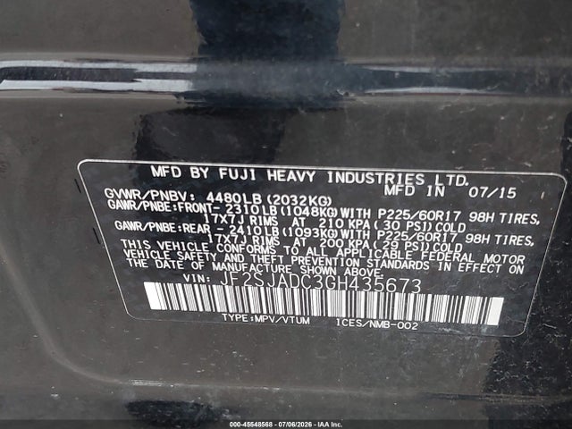 45548568 :رقم المزاد ، JF2SJADC3GH435673 vin ، 2016 Subaru Forester 2.5i Premium مزاد بيع