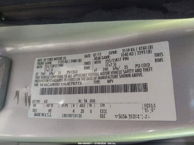 2017 Ford Escape Se მანქანა იყიდება აუქციონზე, vin: 1FMCU9GD1HUE76773, აუქციონის ნომერი: 45548571