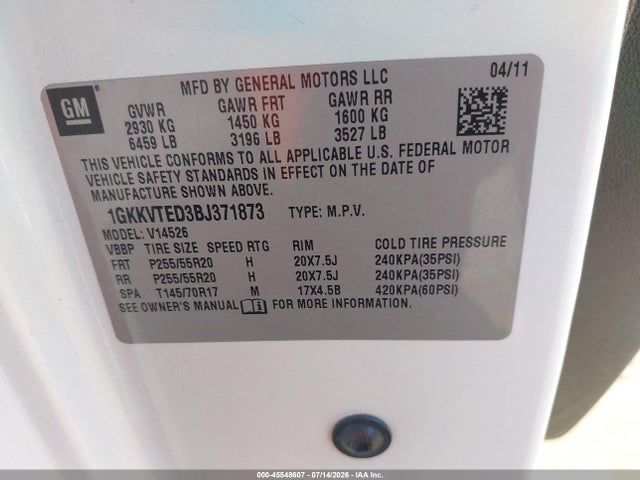 45548607 :رقم المزاد ، 1GKKVTED3BJ371873 vin ، 2011 Gmc Acadia Denali مزاد بيع
