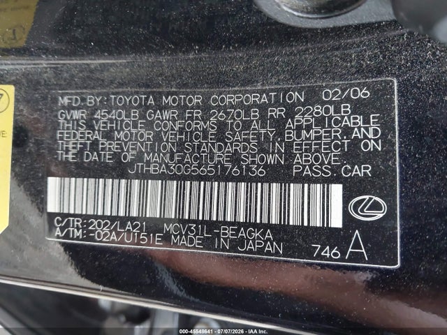Продажа на аукционе авто 2006 Lexus Es 330, vin: JTHBA30G565176136, номер лота: 45548641