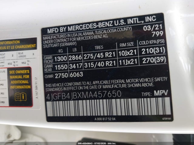 Продаж на аукціоні авто 2021 Mercedes-benz Gle 350, vin: 4JGFB4JBXMA457650, номер лоту: 45548643