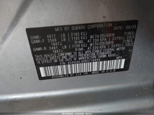 Aukcja sprzedaży 2024 Subaru Crosstrek Limited, vin: 4S4GUHL65R3718894, numer aukcji: 45548655