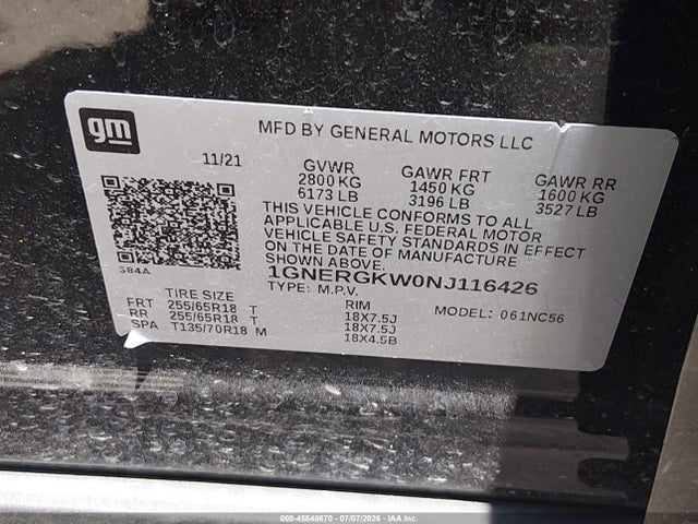 Продаж на аукціоні авто 2022 Chevrolet Traverse Fwd Lt Cloth, vin: 1GNERGKW0NJ116426, номер лоту: 45548670