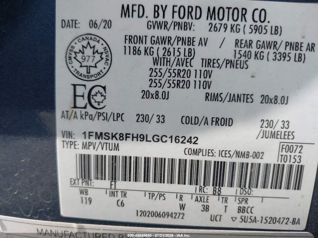 Продаж на аукціоні авто 2020 Ford Explorer Limited, vin: 1FMSK8FH9LGC16242, номер лоту: 45548680