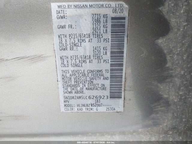 5N1DR2AM5LC626923 Nissan Pathfinder S 4wd