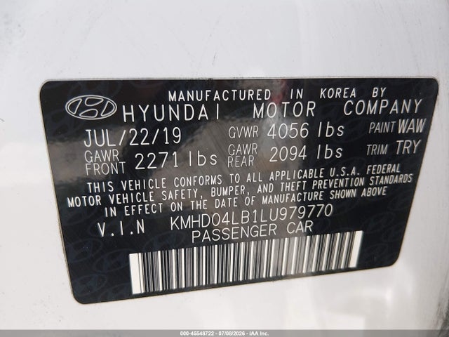 Продажа на аукционе авто 2020 Hyundai Elantra Sport, vin: KMHD04LB1LU979770, номер лота: 45548722