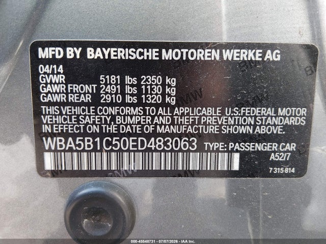 Продажа на аукционе авто 2014 Bmw 535i, vin: WBA5B1C50ED483063, номер лота: 45548731