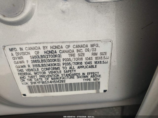 Auction sale of the 2004 Honda Pilot Ex-l, vin: 2HKYF185X4H514292, lot number: 45548744