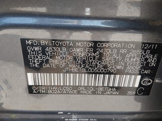 45548800 :رقم المزاد ، JTHBE1BL0D5000790 vin ، 2013 Lexus Gs 350 مزاد بيع