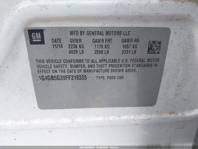 2015 Buick Lacrosse Leather მანქანა იყიდება აუქციონზე, vin: 1G4GB5G39FF218333, აუქციონის ნომერი: 45548803