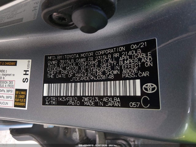 JTDEAMDE9NJ038148 Toyota Corolla Hybrid Le