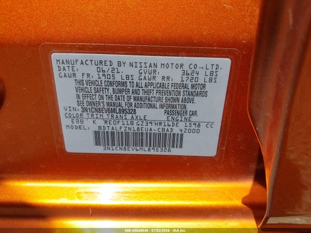 45548840 :رقم المزاد ، 3N1CN8EV6ML895328 vin ، 2021 Nissan Versa Sv Xtronic Cvt مزاد بيع