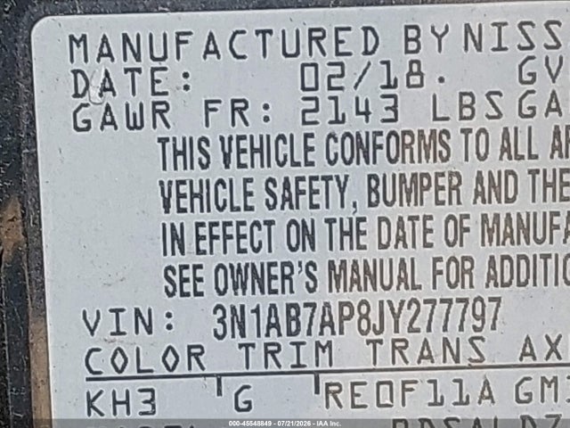 Auction sale of the 2018 Nissan Sentra Sv, vin: 3N1AB7AP8JY277797, lot number: 45548849