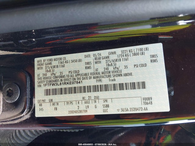 45548853 :رقم المزاد ، 1FTFW3L81RKE07841 vin ، 2024 Ford F-150 Xlt مزاد بيع