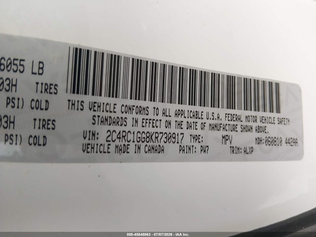 45548863 :رقم المزاد ، 2C4RC1GG8KR730917 vin ، 2019 Chrysler Pacifica Limited مزاد بيع