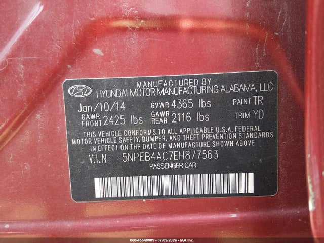 45548889 :رقم المزاد ، 5NPEB4AC7EH877563 vin ، 2014 Hyundai Sonata Gls مزاد بيع