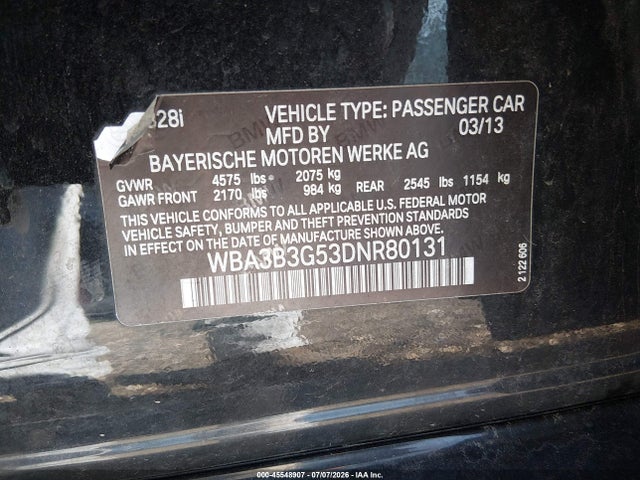 2013 Bmw 328i Xdrive მანქანა იყიდება აუქციონზე, vin: WBA3B3G53DNR80131, აუქციონის ნომერი: 45548907