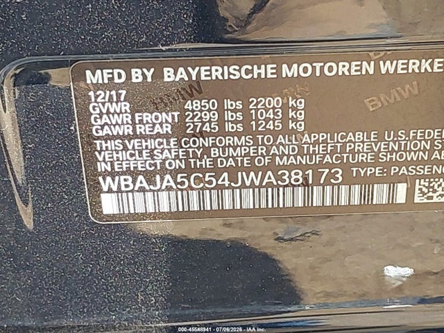45548941 :رقم المزاد ، WBAJA5C54JWA38173 vin ، 2018 Bmw 530i مزاد بيع