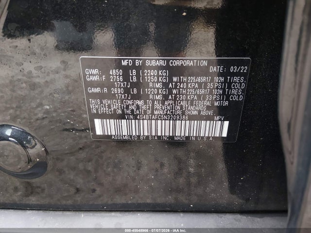 Продаж на аукціоні авто 2022 Subaru Outback Premium, vin: 4S4BTAFC5N3209386, номер лоту: 45548966