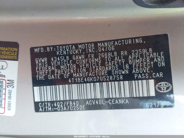 45548972 :رقم المزاد ، 4T1BE46K07U528758 vin ، 2007 Toyota Camry Le مزاد بيع