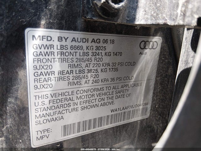 Aukcja sprzedaży 2018 Audi Q7 3.0t Premium, vin: WA1LAAF70JD048266, numer aukcji: 45548979