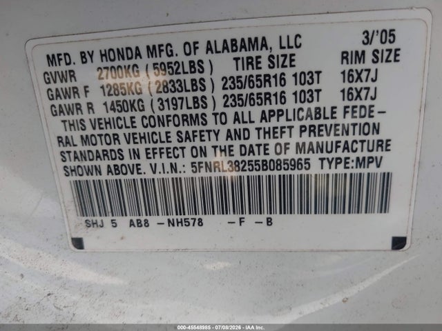 45548985 :رقم المزاد ، 5FNRL38255B085965 vin ، 2005 Honda Odyssey Lx مزاد بيع