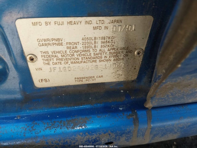 45548998 :رقم المزاد ، JF1GD29642G514729 vin ، 2002 Subaru Impreza Wrx مزاد بيع
