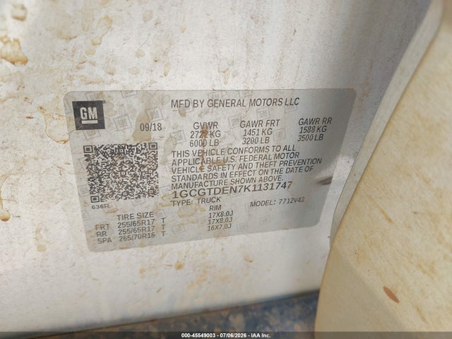 45549003 :رقم المزاد ، 1GCGTDEN7K1131747 vin ، 2019 Chevrolet Colorado Z71 مزاد بيع