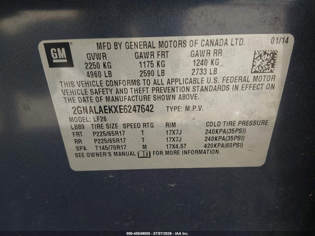 45549005 :رقم المزاد ، 2GNALAEKXE6247642 vin ، 2014 Chevrolet Equinox Ls مزاد بيع